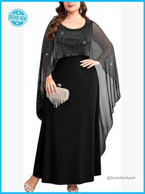 Sparkly Cape Overlay Evening Gown Elegant A-Line Formal Dress Plus Size